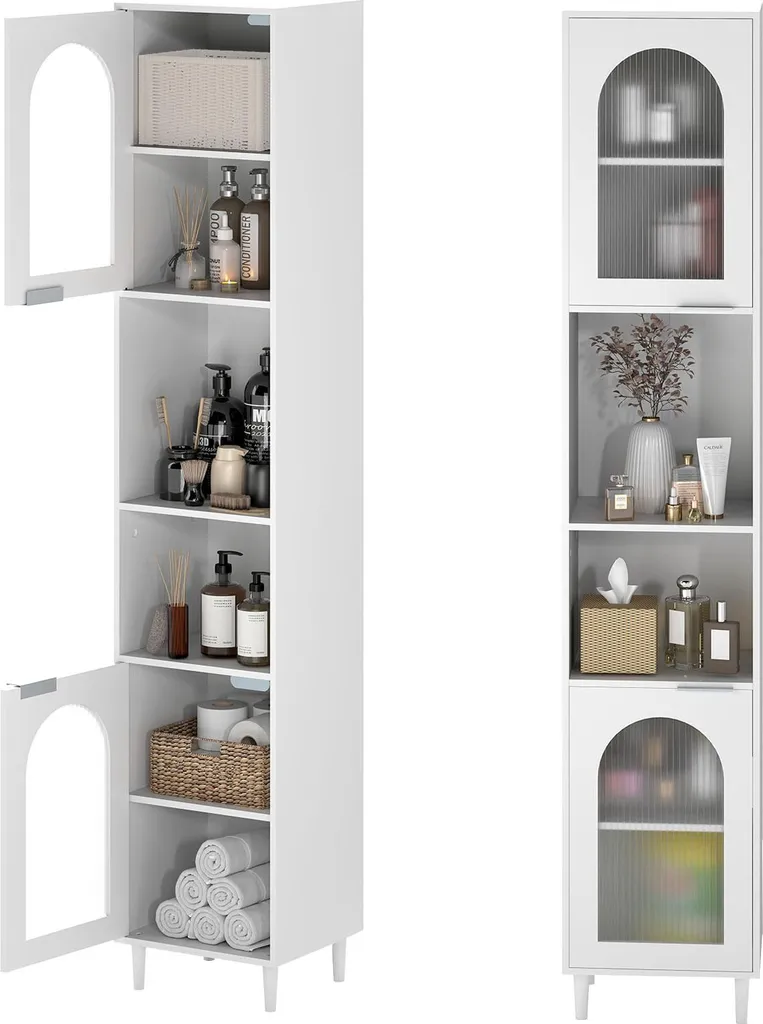 Armadio Alto Bagno COSTWAY Salvaspazio con Vetrine | Bianco Elegante