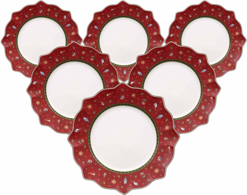 A set of six dinner plates arranged in a fan shape on a white background.