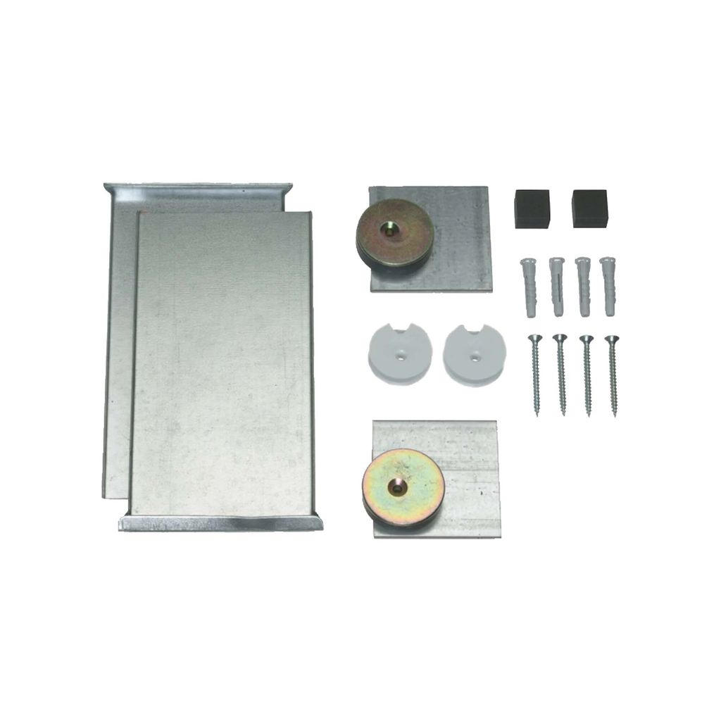 A collection of hardware components for mounting a mirror, including metal brackets, screws, and plastic caps, laid out on a white background.