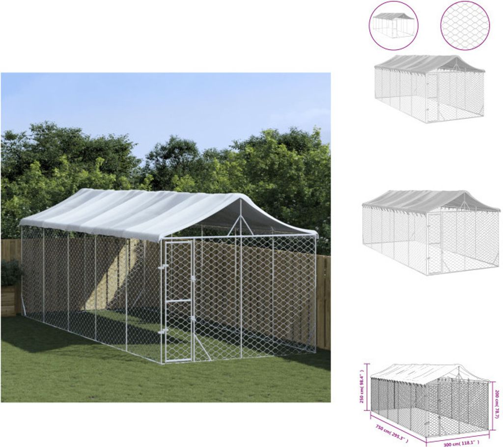 vidaXL Outdoor-Hundezwinger mit Dach Silbern 3x7,5x2,5m Stahl Verzinkt - Hundezwinger & -ausläufe