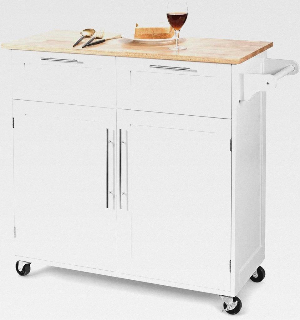 Kücheninsel mit Arbeitsplatte und Handtuchhalter, Küchenwagen mit 2 Schubladen und Türen, Servierwagen mit Rollen aus Holz, 94 x 45,5 x 94,5 cm,...