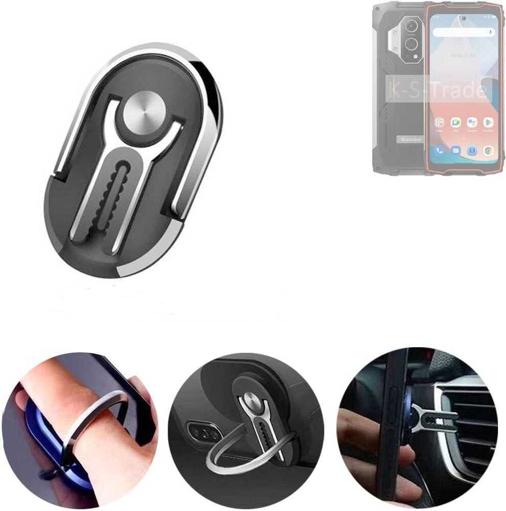 K-S-Trade 3in1 Smartphone-Ring Handy-Ring kompatibel mit Blackview BV9300 Fingerhalterung Handyring Tischständer Lüftungsgitter-Halterung Tisch