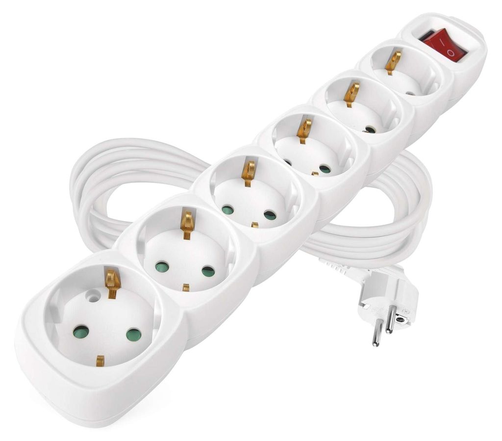 EMOS Steckdosenleiste 6-fach mit Schalter, 5 m Kabel 1,5 mm, weiß, Steckdosen 45° gedreht, Schuko mit erhöhtem Berührungsschutz, für Innen, P1...