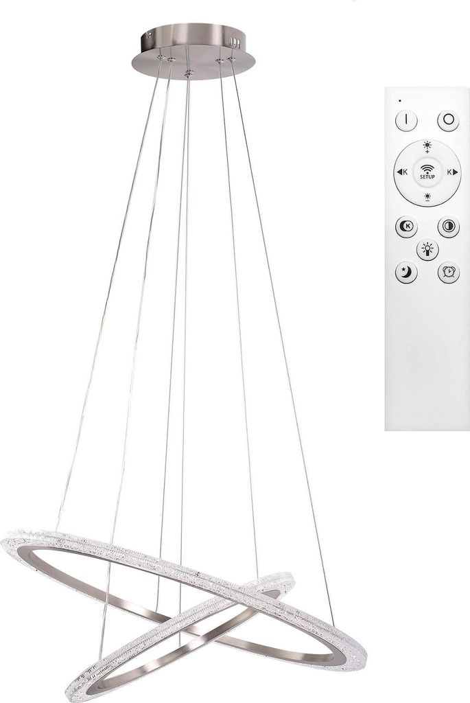 A modern pendant light with two intertwined rings, shown with a remote control.