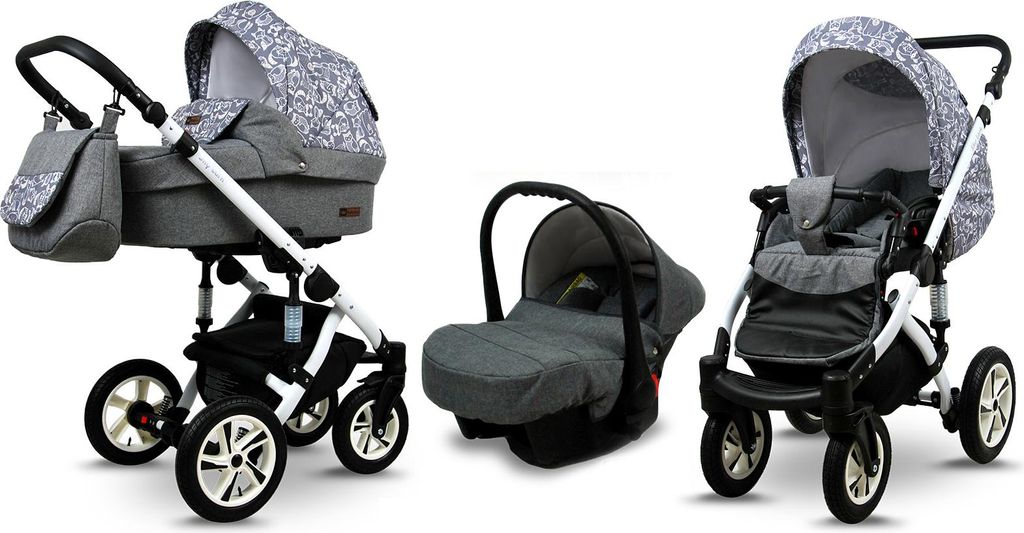 BabyLux Sky Lark | 3in1 Kinderwagen Set | Grey Animals | Kombikinderwagen | Kinderwagenset | Bu