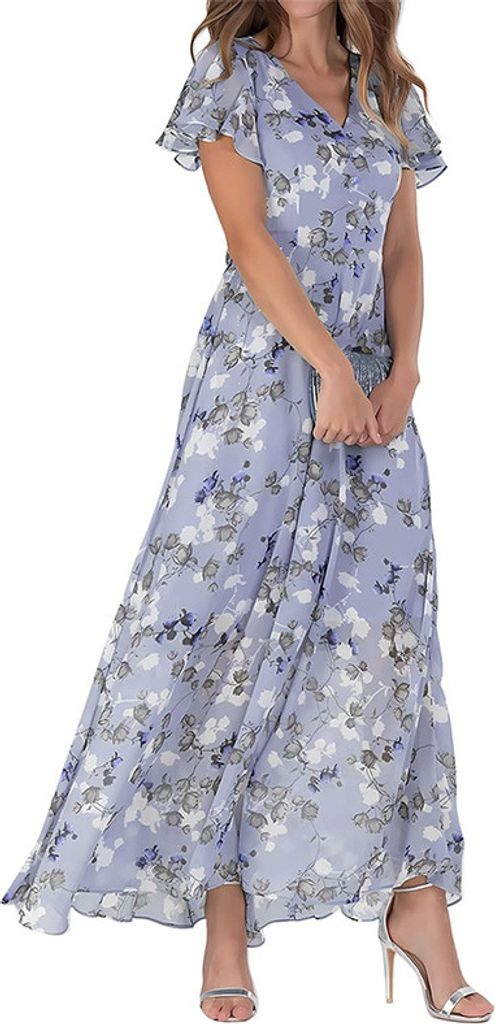 ASKSA Damen Sommerkleid Blumendruck Lang Ruesche Kurzarm V Ausschnitt Strandkleider Boho Beach Midikleid Freizeitkleid (Hellviolett,XXL)