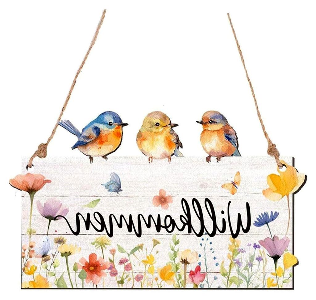 Türschild aus Holz mit Vogel- und Blumenmotiv für die Haustür und Garten