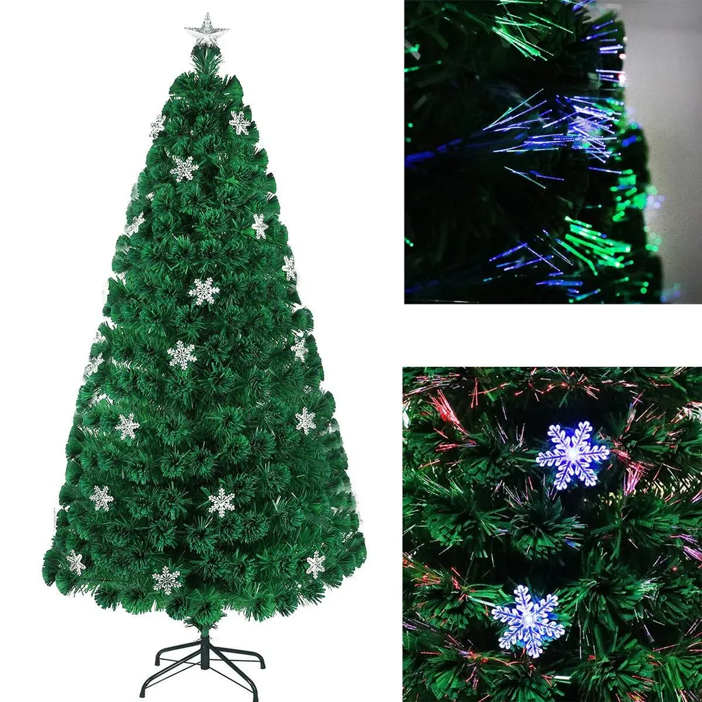 Sapin de Noël 210 cm à Fibres Optiques et 32 Flocons LED Intégrés
