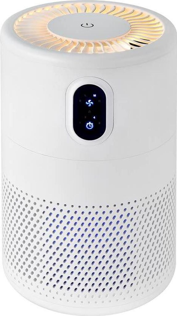 A white cylindrical air purifier is shown against a white background.