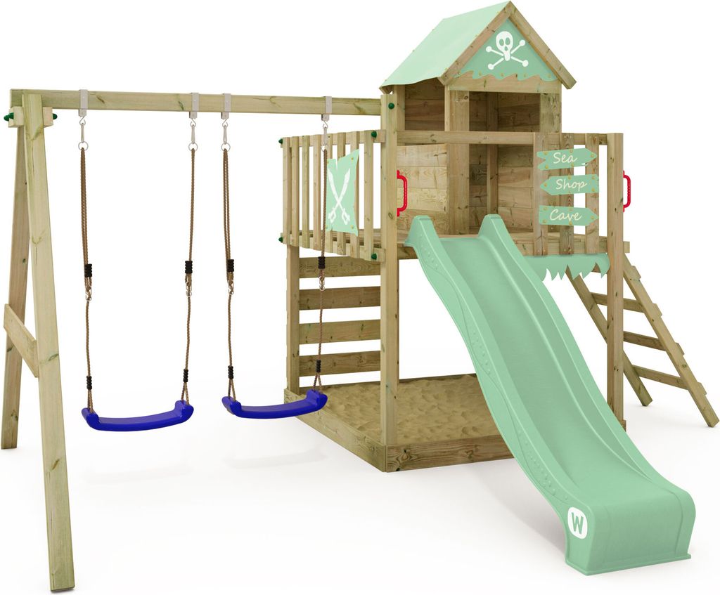 WICKEY Spielturm Klettergerüst Smart Cave mit Schaukel & Rutsche, Baumhaus mit Sandkasten, Kletterleiter & Spiel-Zubehör – pastellgrün