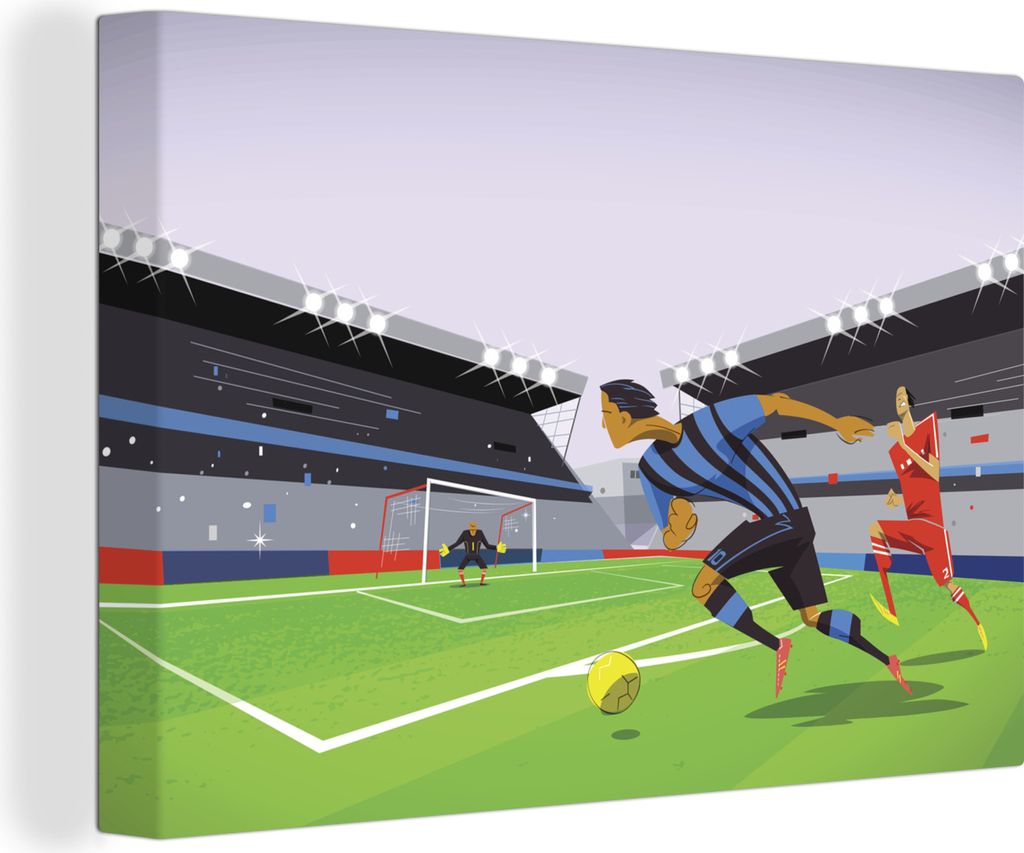OneMillionCanvasses - Leinwandbilder - 150x100 cm, Eine Illustration von Spielern, die in einem Stadion Fußball spielen - Junge - Mädchen - Kin...