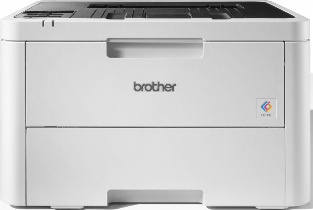 A white Brother laser printer is shown from the front.