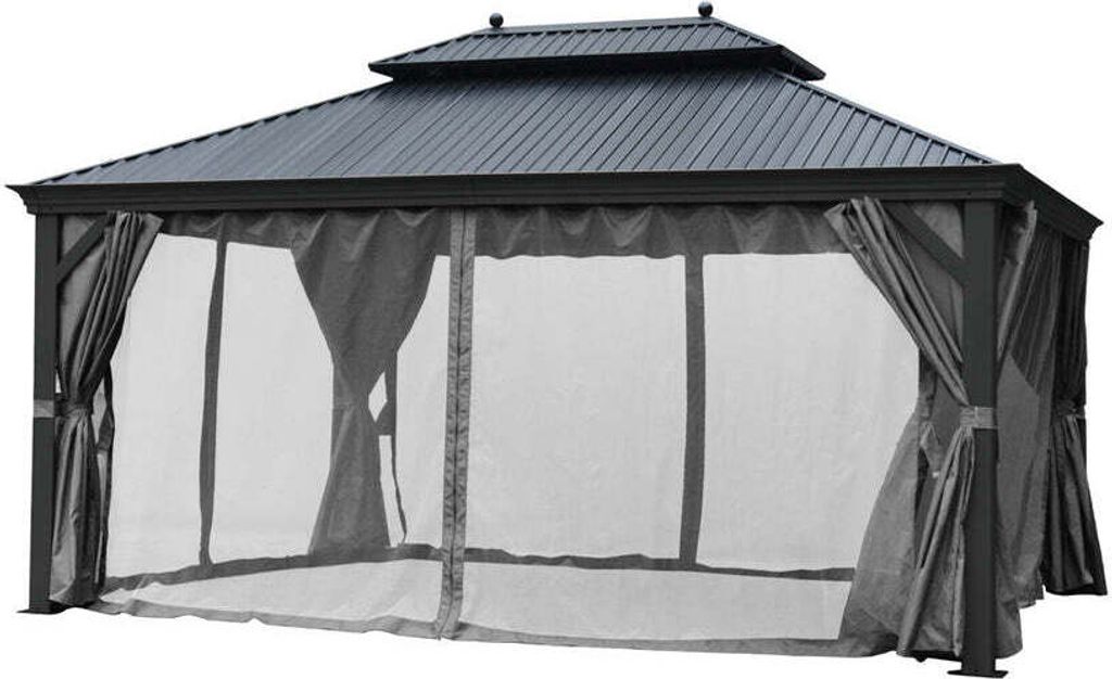 Premium Pavillon Garten Pergola mit festem Metall Dach+Alu Gestell Massiv+Sonnenschutz