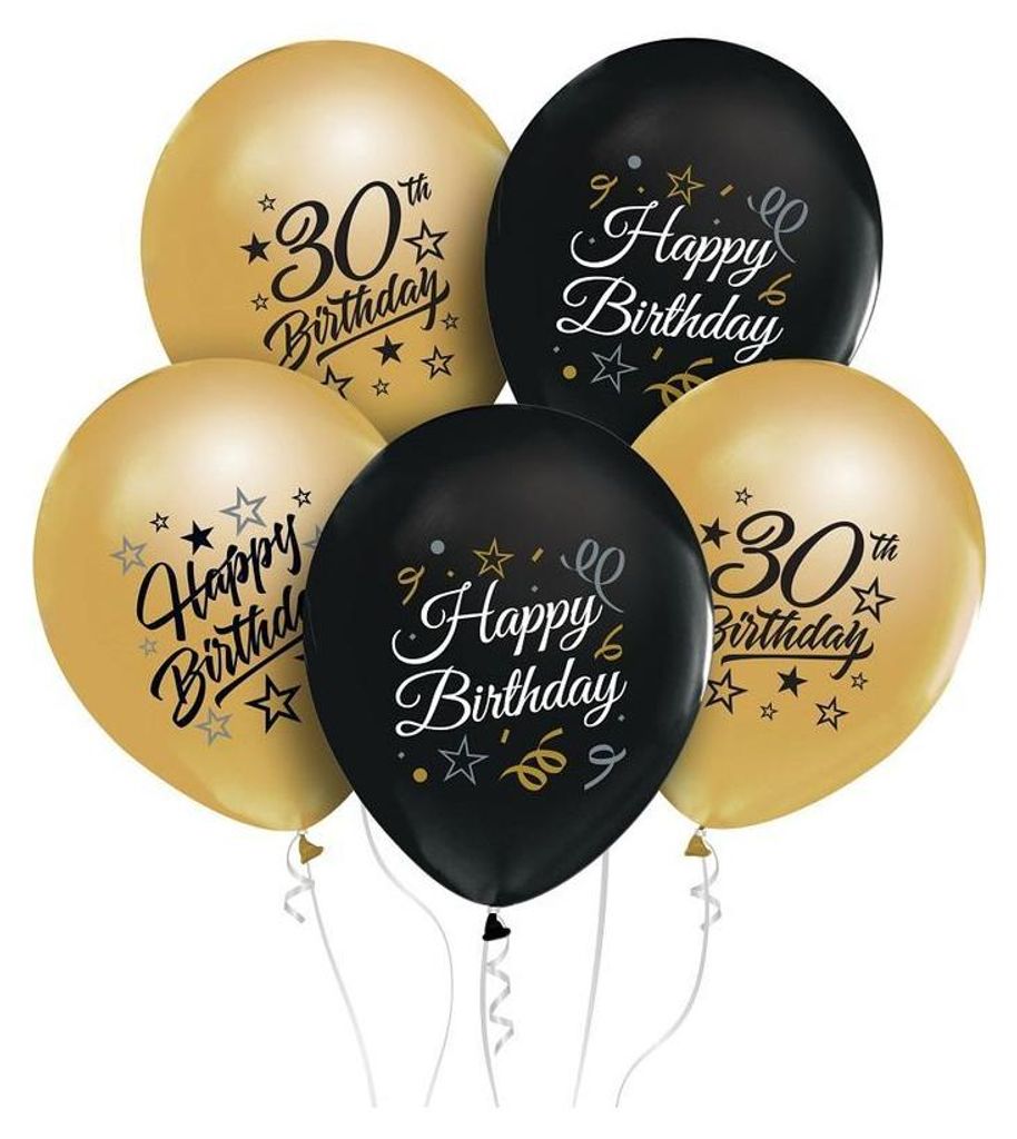 30. GEBURTSTAG Happy Birthday Ballons Schwarz Gold x5
