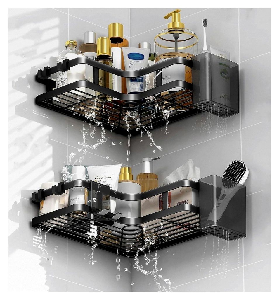 Duschablage ohne Bohren, schwarzes Eckregal, 2 Stück, dreieckiger Duschkorb, Badezimmer-Organizer mit 4 Haken, Duschregal-Zubehör, Shampoo-Halter...