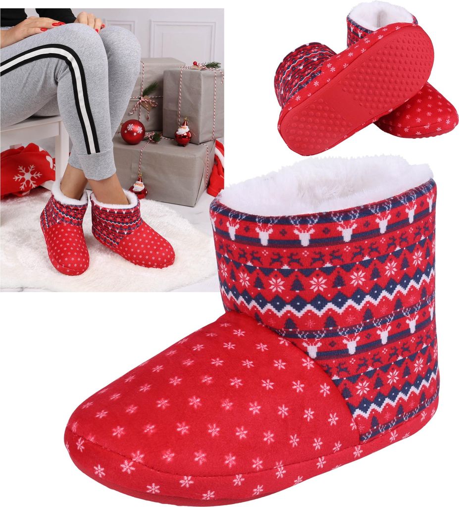 Rote Kinderpantoffeln/Hausschuhe mit festlichem Muster, rutschfest 30-31 EU