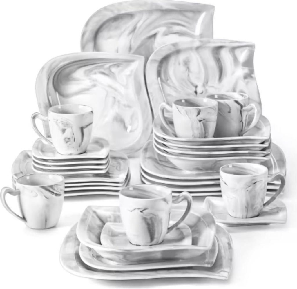 Aristokratisches Serviesset – 6 Personen – 30-teilig – Marmer-Look Keramik – Essteller – Frühstücksteller – Einzigartiges Geschirr