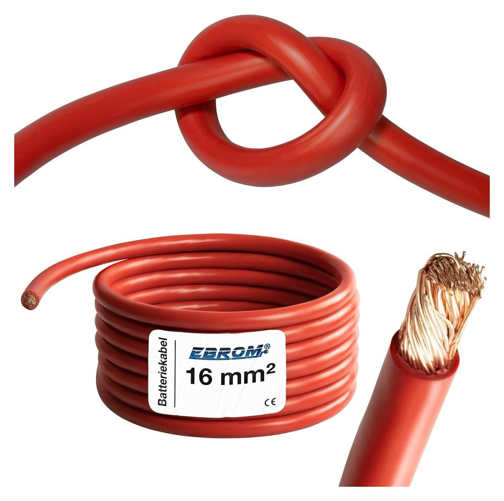 EBROM Batteriekabel hochflexibel Hi-Flex (Hi Flex) 16mm2 Kabel – Meterware ROT - sehr biegsam – Mantel aus PVC (70 ± 5 Shore) – 99,9 % OFC K...