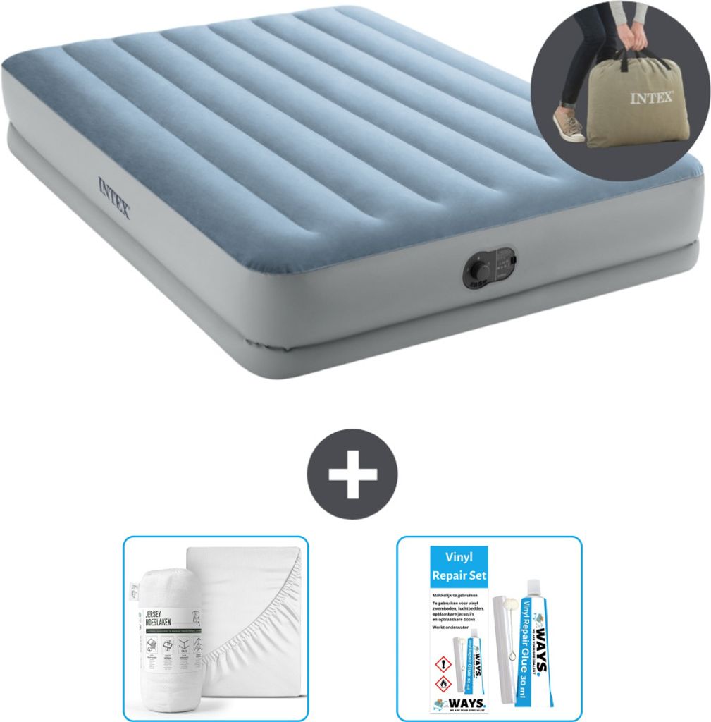 Intex Luftbett - 2 Personen - 152 x 203 x 36 cm - Blau/Grau - Inklusive Pumpe - Spannbettuch en Reperaturset