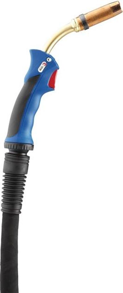 A welding torch with a blue and black handle and a copper-colored nozzle, isolated on a white background.