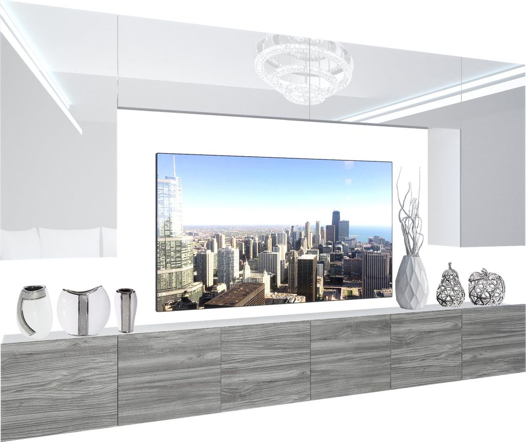 BELINI Wohnwand Vollausstattung Wohnzimmer-Set Moderne Schrankwand mit LED-Beleuchtung Weiß Glänzend Anbauwand TV-Schrank Weiß / Glamourholz Gl...