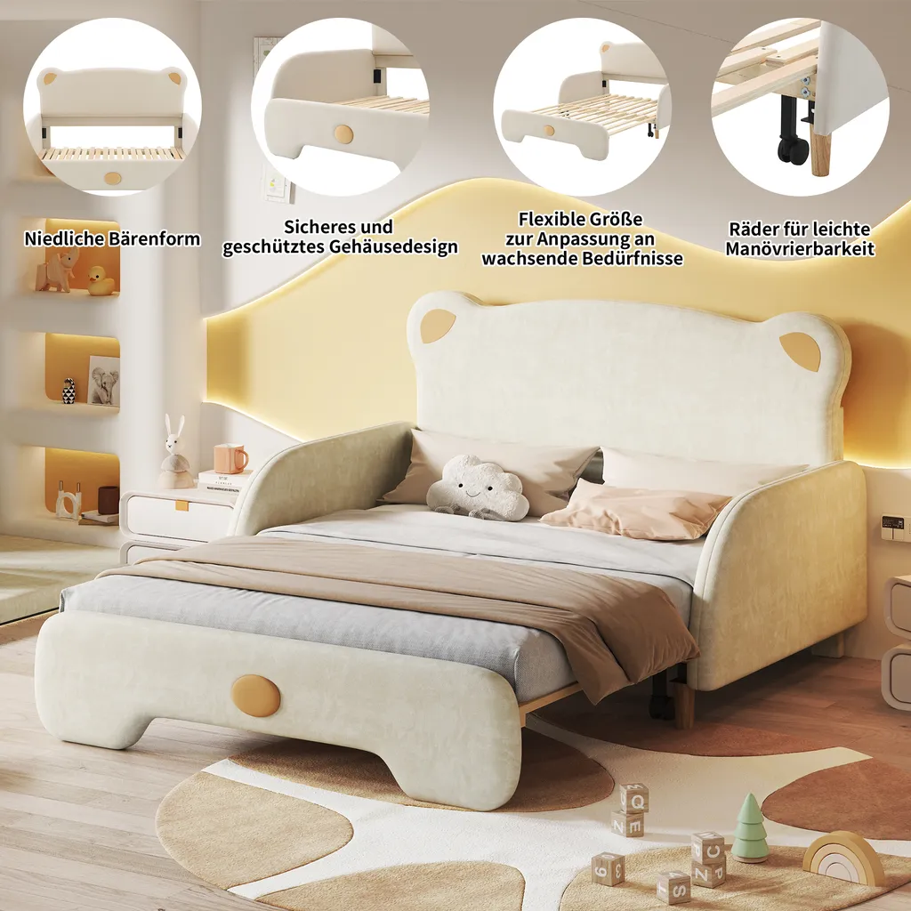 Merax Lit extensible enfant 140x200cm Lit de maison en velours beige
