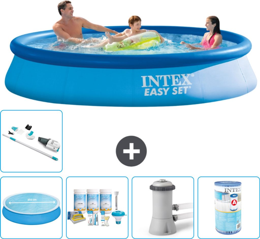 Intex runder aufblasbarer Easy-Set-Pool – 366 x 76 cm – Blau – im Lieferumfang enthalten Sonnensegel - Wartungspaket - Filterpumpe für Schwi...