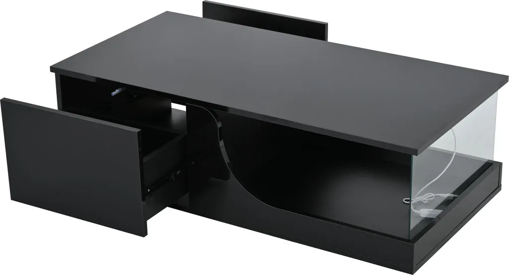 Table de salon noire laquée avec éclairage LED et double plateau MDF