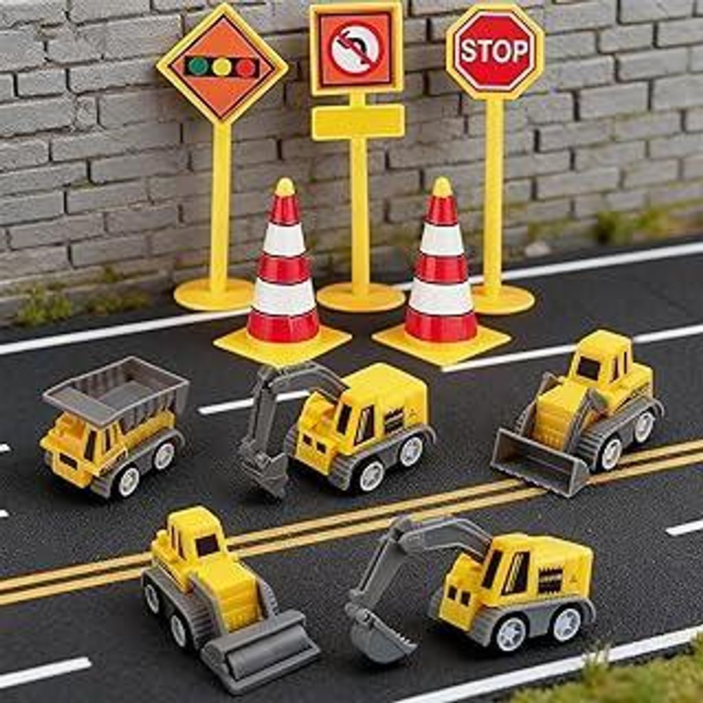 Baustellenfahrzeuge,10 Stück Bagger Kuchen Deko,Wichtelbaustelle Set,Mini Bagger Kuchendeko mit Verkehrsschildern,Miniatur Baustelle Spielzeug fü...