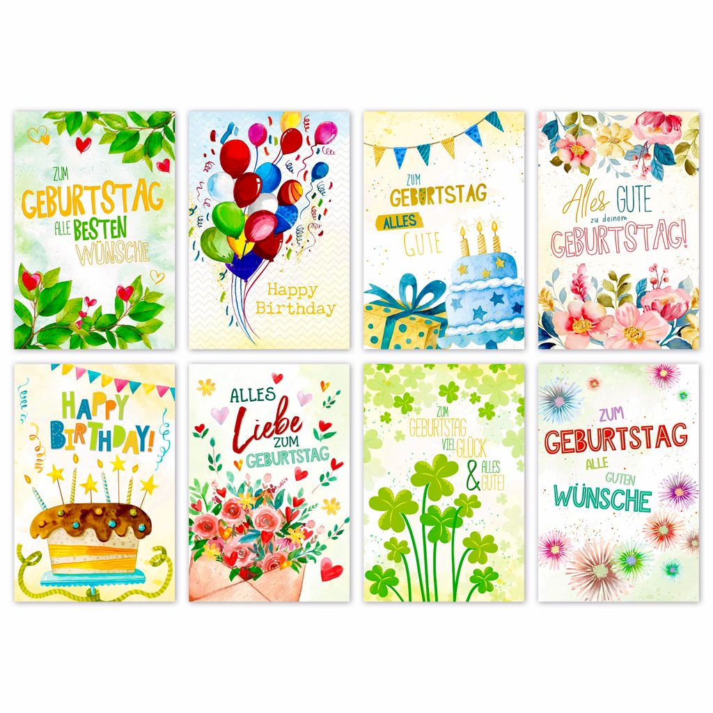 Glückwunschkarten Geburtstag 100 Stück 8 Motive Produktbild 