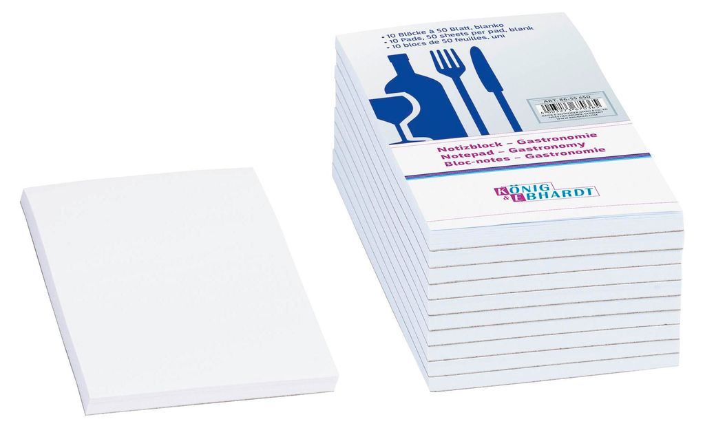 A stack of white notepads with a blue graphic of a wine bottle, wine glass, fork, and knife on the packaging, next to a single notepad.