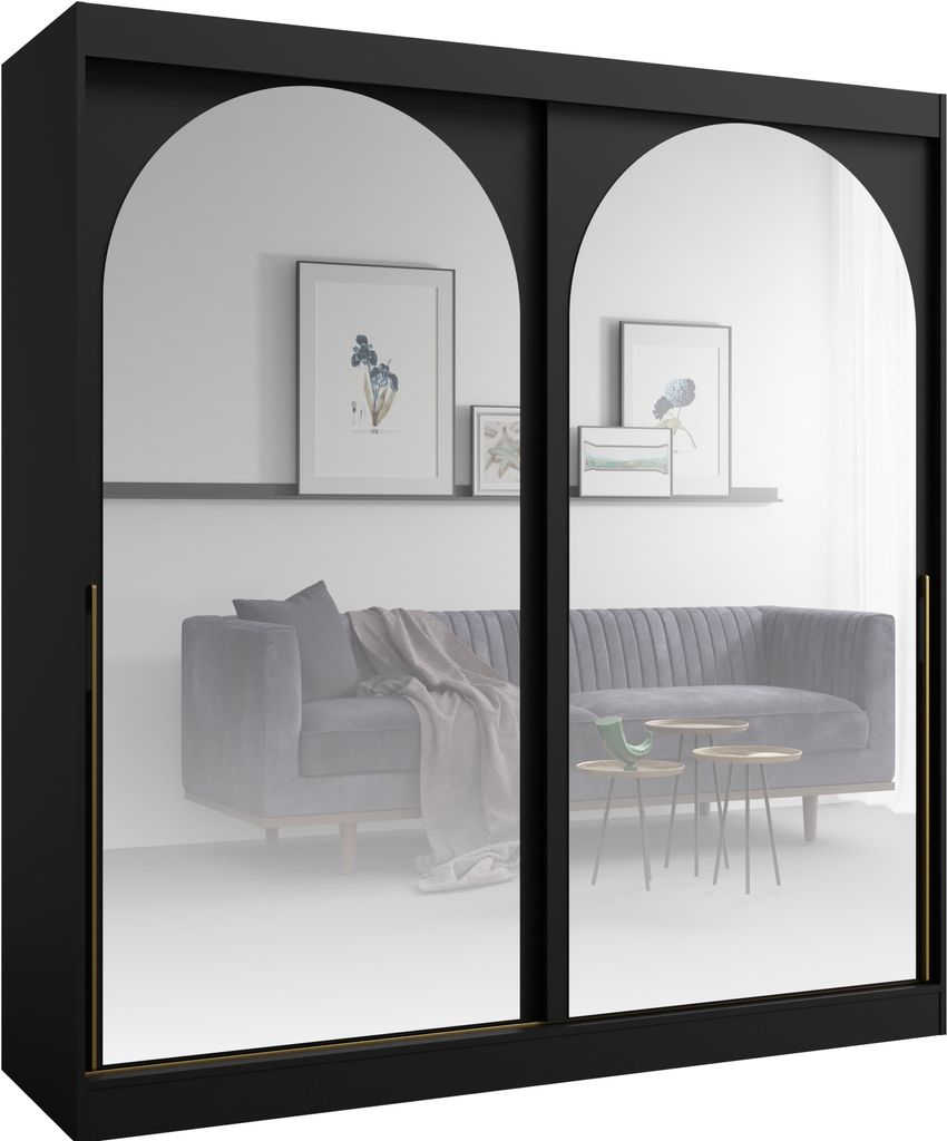 Albello Kleiderschrank CLASSY Schwarz Gold 200x65x215 cm mit Spiegel & Schiebetüren – Schrank mit 5 Fächern, Kleiderstange, für Schlafzimmer &...