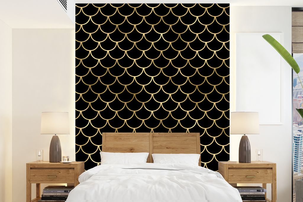MuchoWow Fototapete für Wohnzimmer oder Schlafzimmer Wandtapete Vinyl Motivtapete Muster - Gold - Schwarz - Luxus - 190x260 cm - Papiertapete