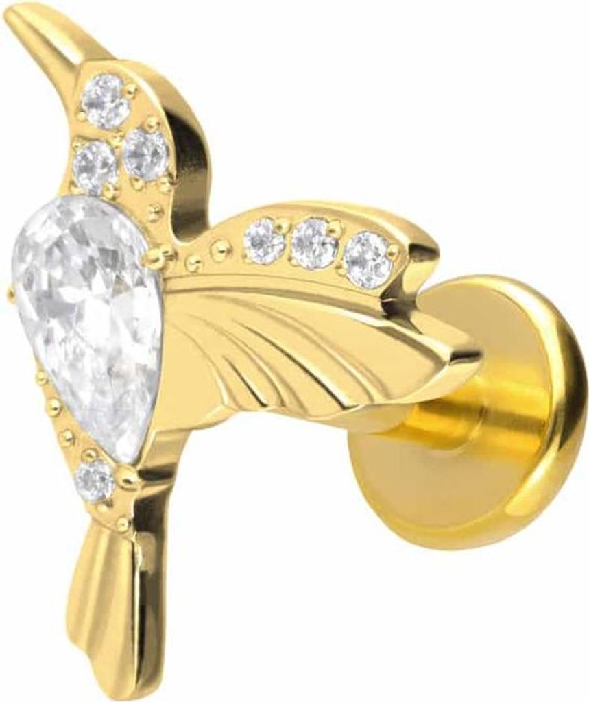 Ohrpiercing, Nasenpiercing Titan Labret mit Push Fit KOLIBRI Gold Stablänge: 9mm | Stabstärke: 1,2mm
