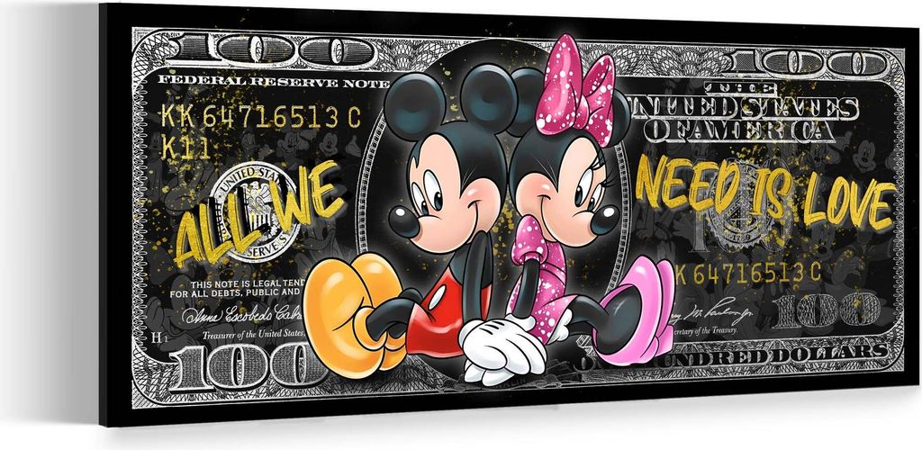 100 Dollar Minnie und Mickey, All We Need Is Love Leinwandbild Wandbild Wanddeko: 100x40x2cm