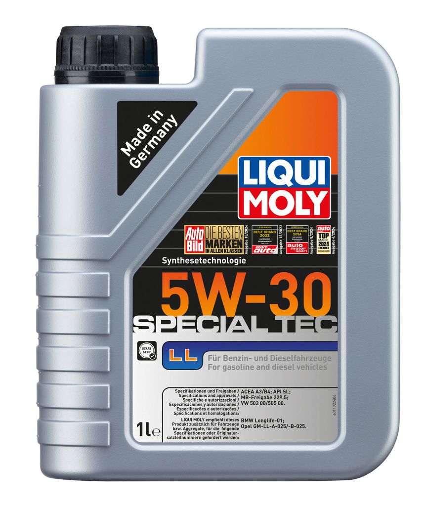 A bottle of Liqui Moly 5W-30 Special Tec LL motor oil.