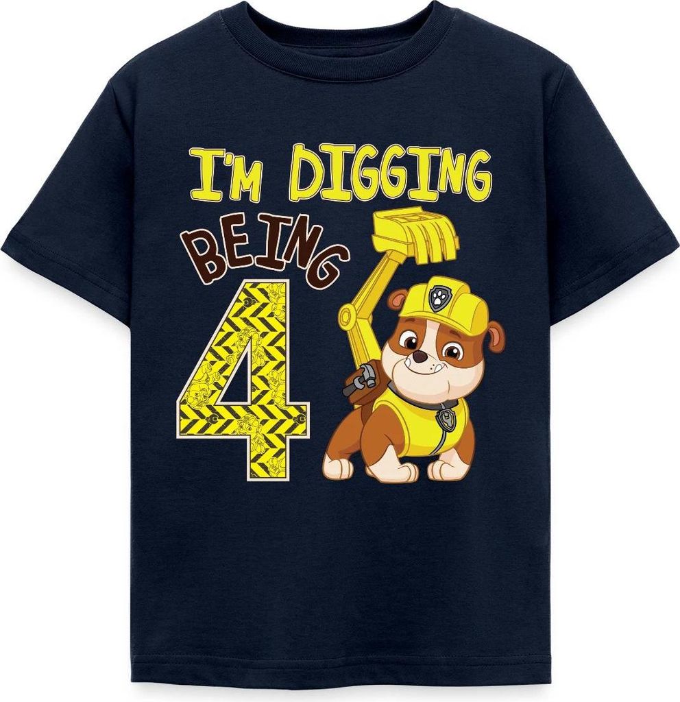 Spreadshirt Paw Patrol Rubble 4. Geburtstag Kinder T-Shirt, 122/128 (7-8 Jahre), Navy
