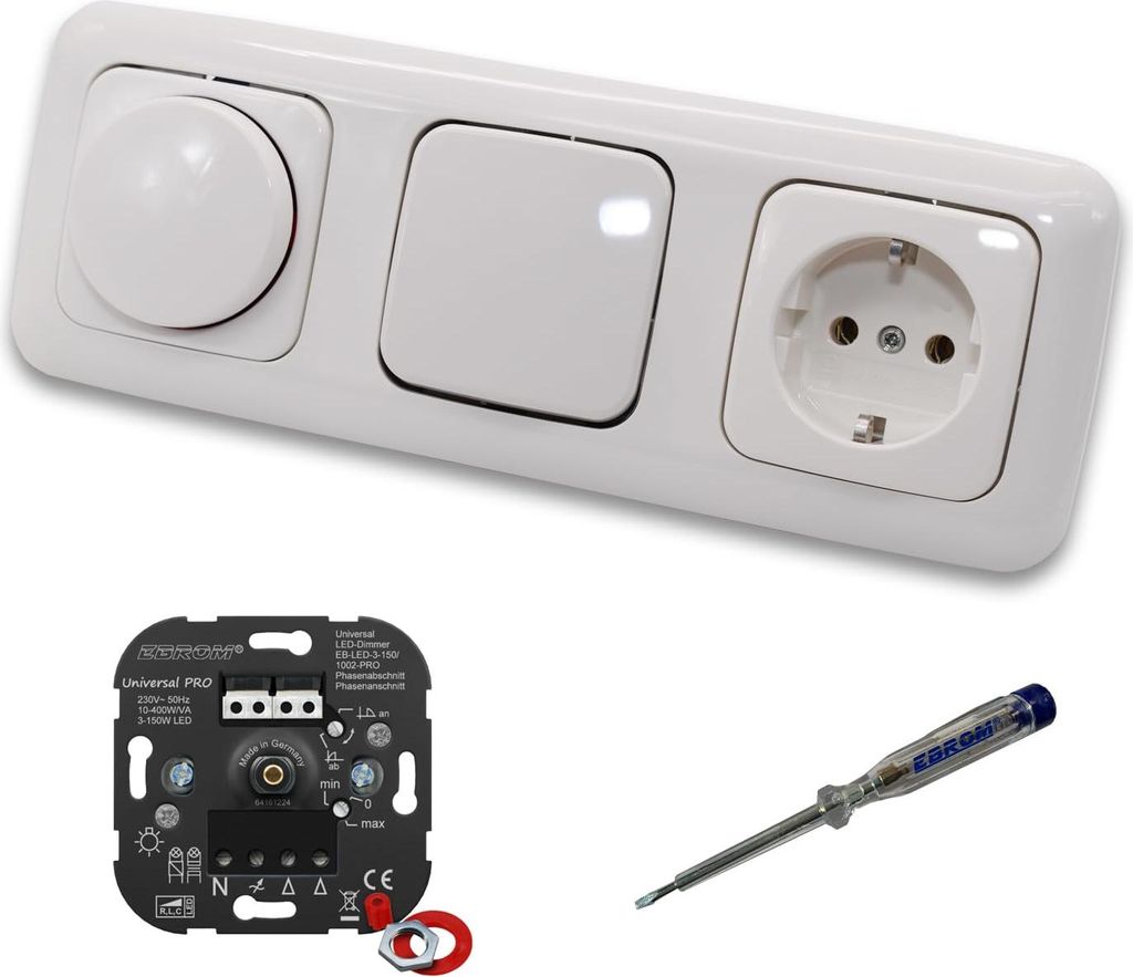 EBROM 1002 Universal PRO LED Drehdimmer Dimmer + Busch Jäger Dimmerscheibe 2115-214 + Taster 2020US + Steckdose Kinderschutz 20EUCKS-214 Reflex Si...