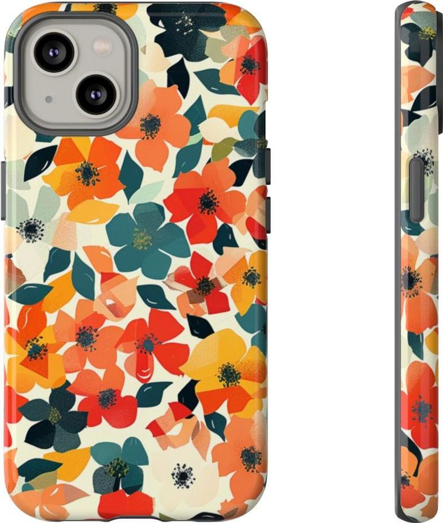 Lebhaftes Blumenmuster mit geometrischen Blättern – Hülle Kompatibel mit iPhone 14