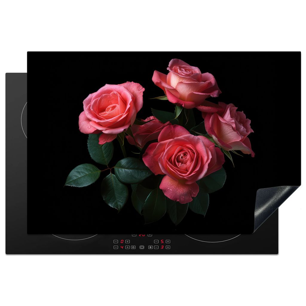 KitchenYeah Herdabdeckplatte Rosen - Rosa - Blumen - Natur - Schwarz , 76x51cm, Küche Deko, Glaskeramikkochfeld Herdabdeckung, Abdeckplatte fùr...