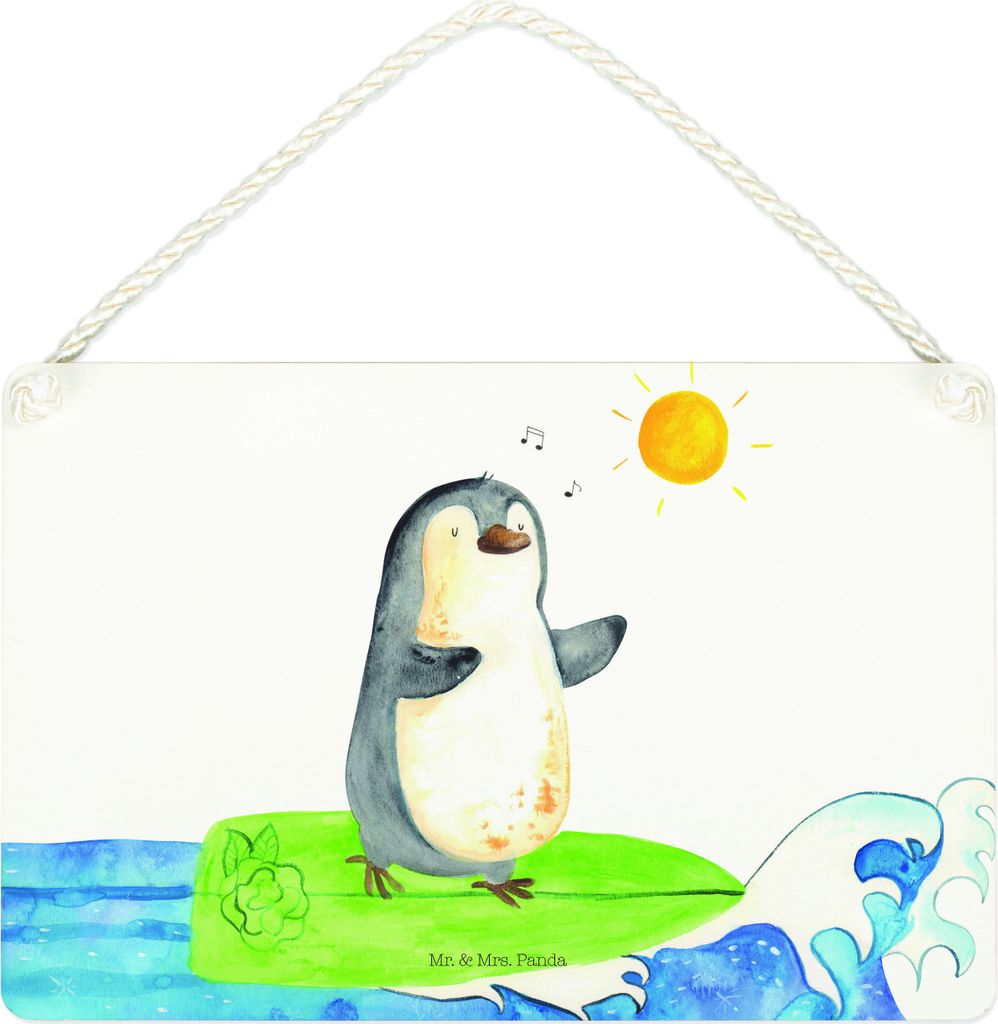 Mr. & Mrs. Panda Schild Pinguin Surfer DIN A4 - Weiß - Geschenk, Dekoschild, Surfen, Portugal, wandhänger, Holzschild, Optimistisch, Wandbild Hol...