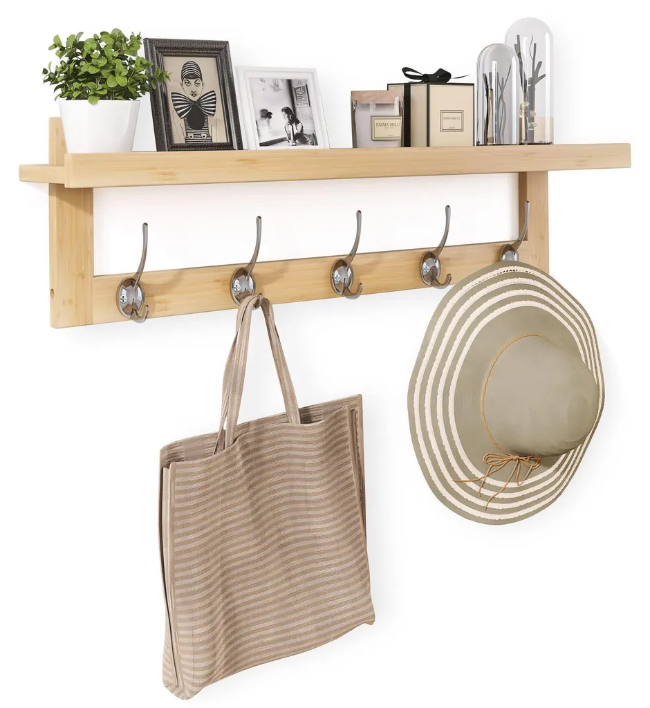 Portemanteau Mural en Bambou 74 cm avec Étagère et 5 Crochets Doubles