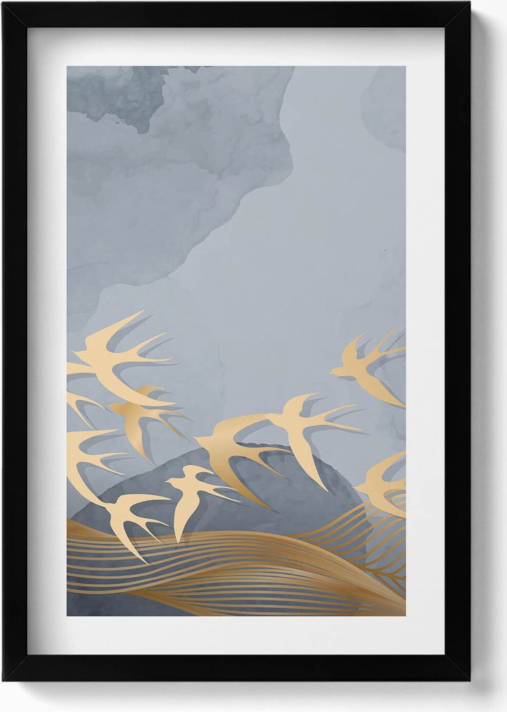 Illustration von fliegenden Vögeln– Wandbild mit Rahmen – Gerahmtes Bild – Wanddekoration – 40x60 cm – Schwarz