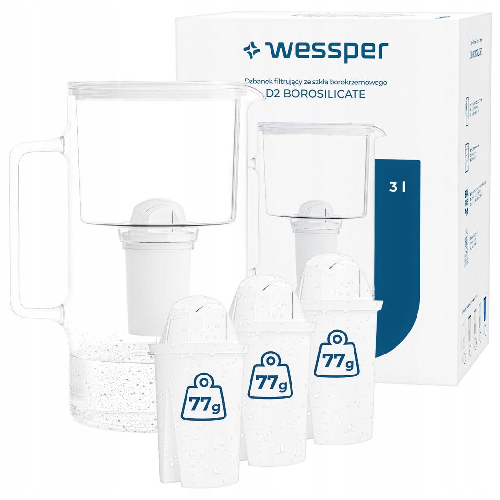 Caraffa filtrante Wessper D2 BOROSILICATE da 3 L, bianca – Immagine del prodotto 