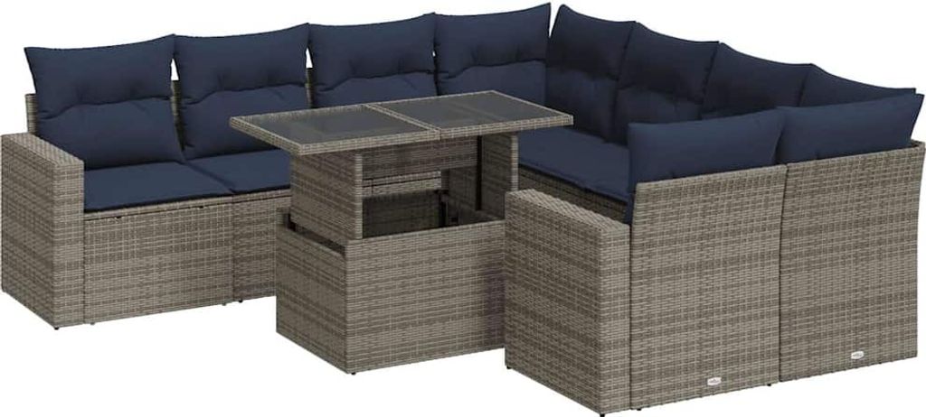 vidaXL 9-tlg. Garten-Sofagarnitur mit Kissen Grau Poly Rattan Akazie