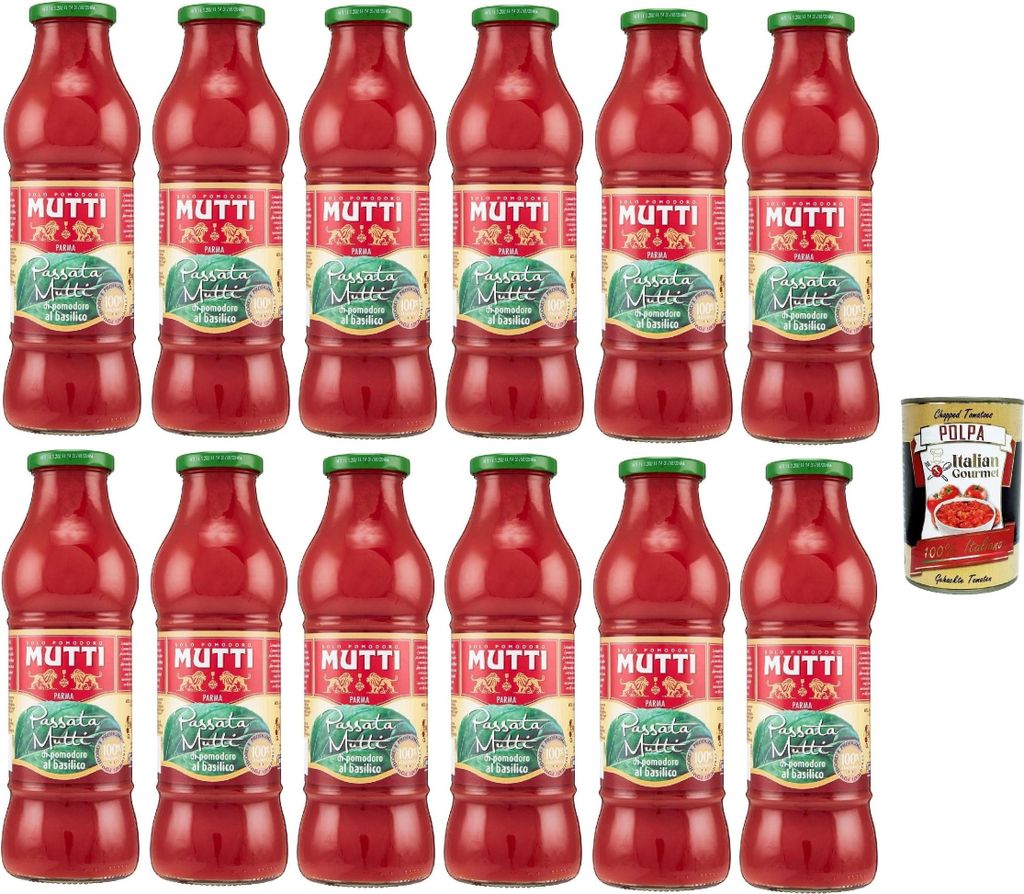 Mutti Passata di Pomodoro al Basilico 12x700g Glas, italienisches Tomatenpüree & Tomatensauce mit Basilikum aus Italien für Pasta, Pizza & Saucen...
