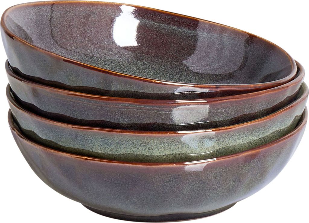 BELIANI Suppenteller Set Dunkelgrün Steinzeug Ton und Kaolin für 4 Personen Rund 19 cm mit Braunem Rand Rund Handgefertigt Retro Geschirr Set