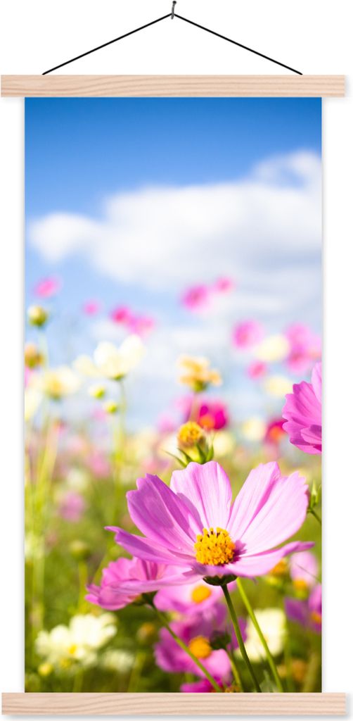 MuchoWow Textilposter Blumen - Wiese - Lila - Gras - Weiß - Wolken - Blau 40x80 cm mit holzfarbenen Rahmen - Wohnzimmer