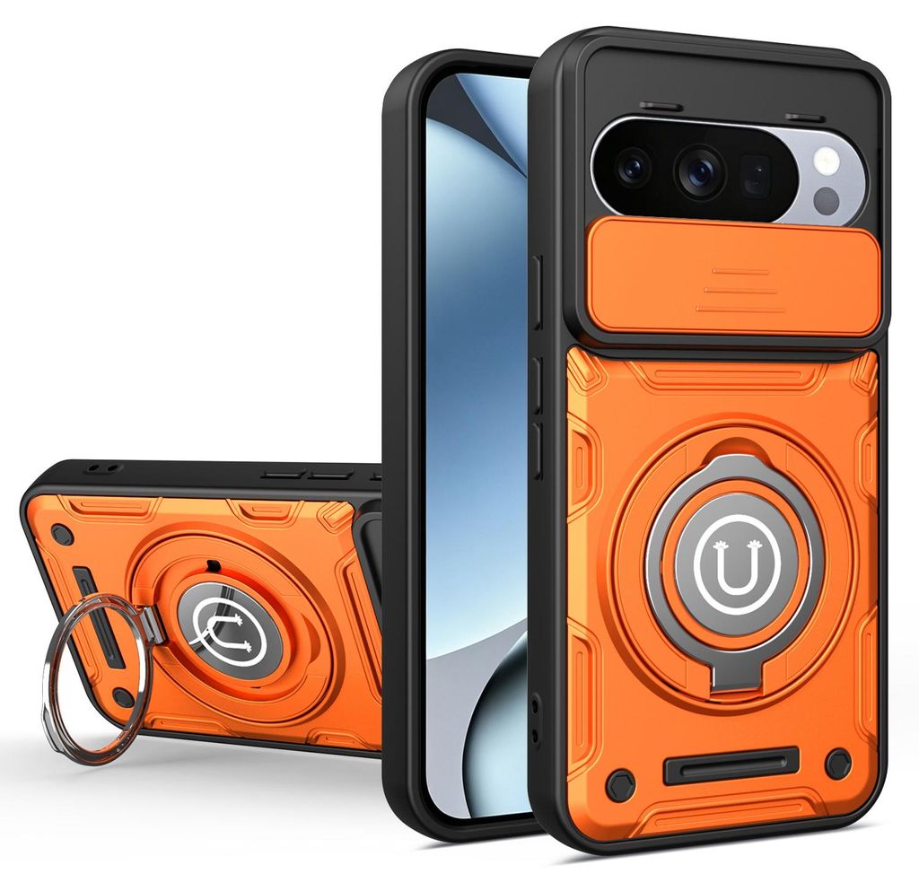 Magnetische Handyhülle für Google Pixel 10 / Pixel 10 Pro mit Kameraschutz Schieber, Ringhalter und Ständer, Stoßfeste Hülle Orange