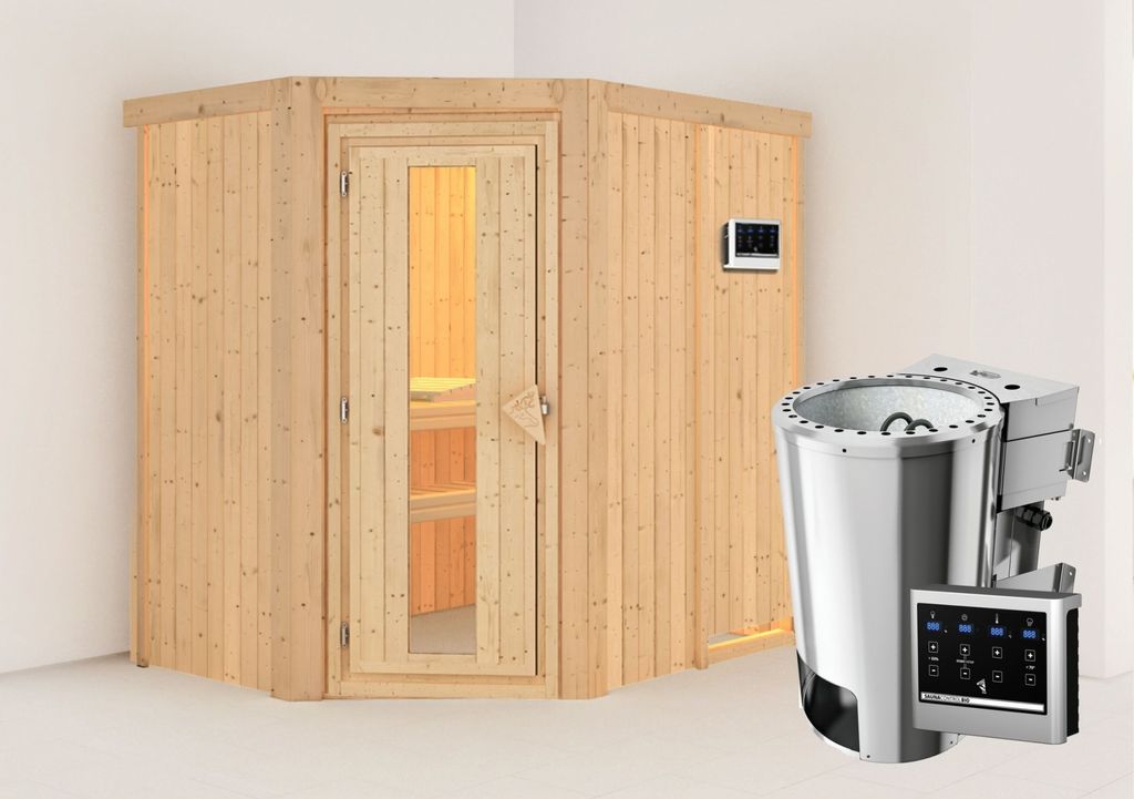 Karibu Sauna Innensauna Saja Eckeinstieg Ofen 3,6 kWOfen externe Strg. easy 196x151x198 cm ohne Dachkranz mit Energiespartür